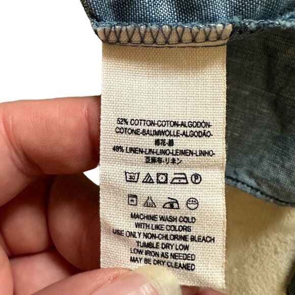 Free People Show Me Some Shoulder Chambray Blue Off Shoulder Top Med Linen Blend - Picture 4 of 7